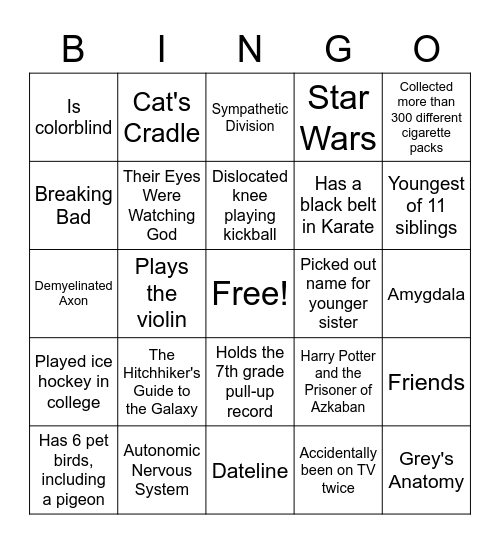 NGP New Student and Faculty Bingo Card