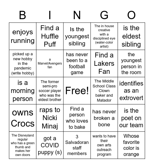 Find a person who... (is, has, other verb/noun) Bingo Card