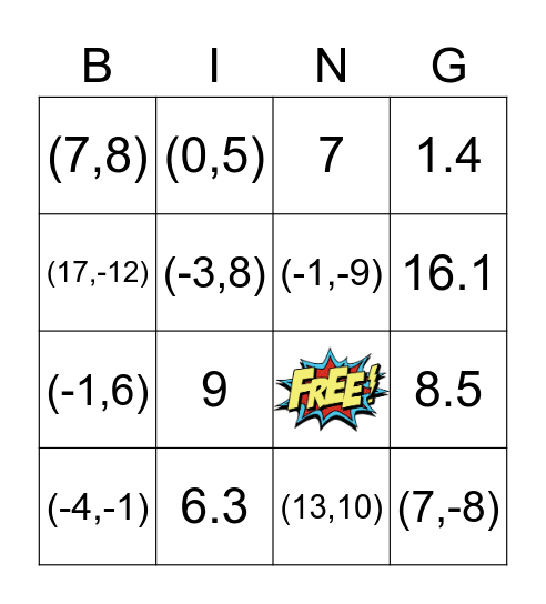Distance and Midpoint Bingo Card
