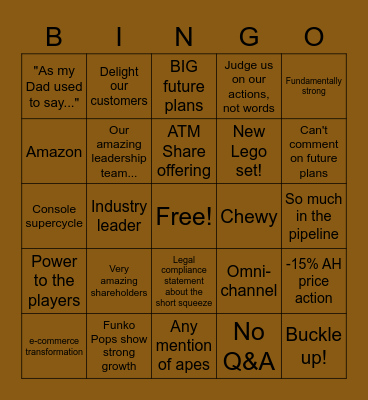 GME Earning Call Bingo Card