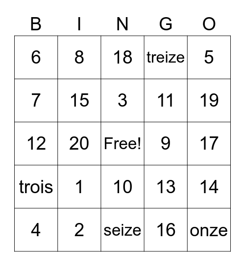Les nombres 1 - 20 Bingo Card