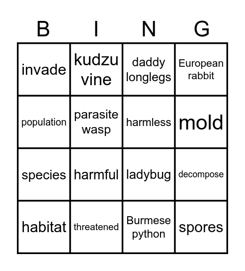 Invaders Bingo Card