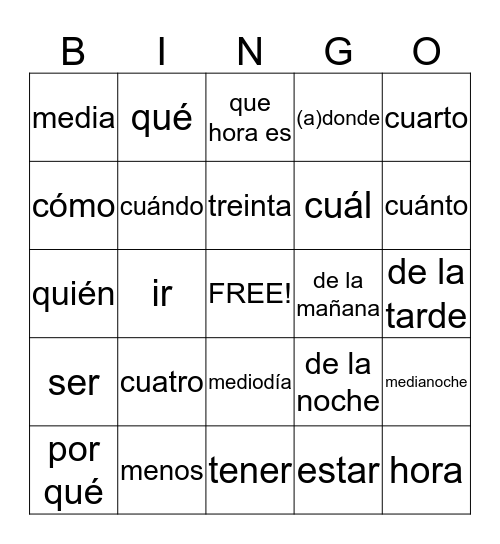 spanish bingo Card