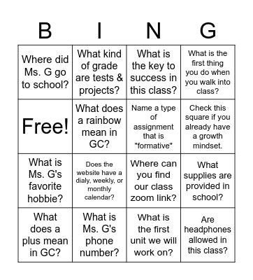 Day One Bingo Card