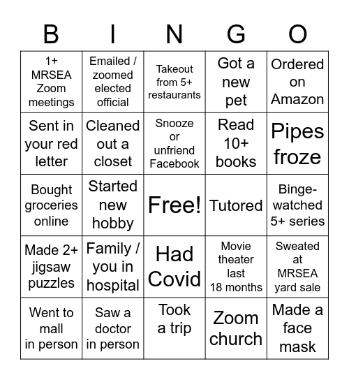 Pandemic Bingo Card