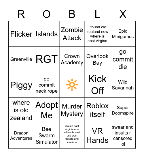 Roblox Games n memes Bingo Card
