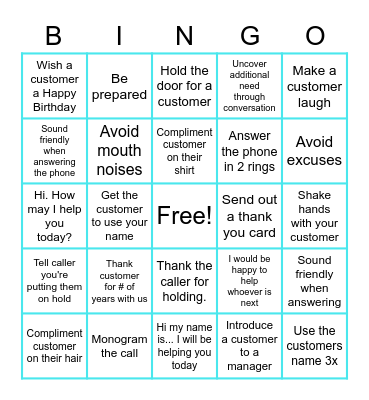 Customer Service Bingo Card