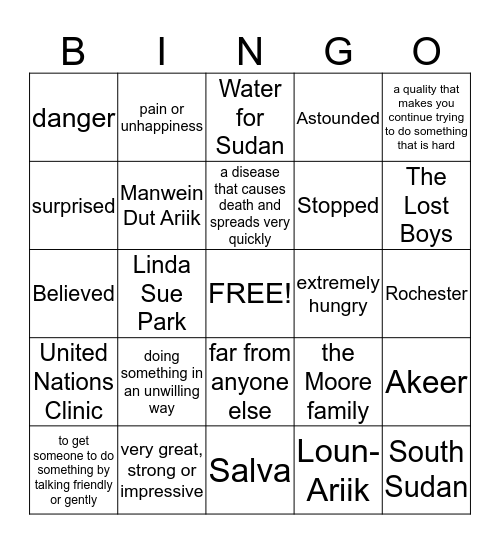 A Long Walk to Water Bingo Card