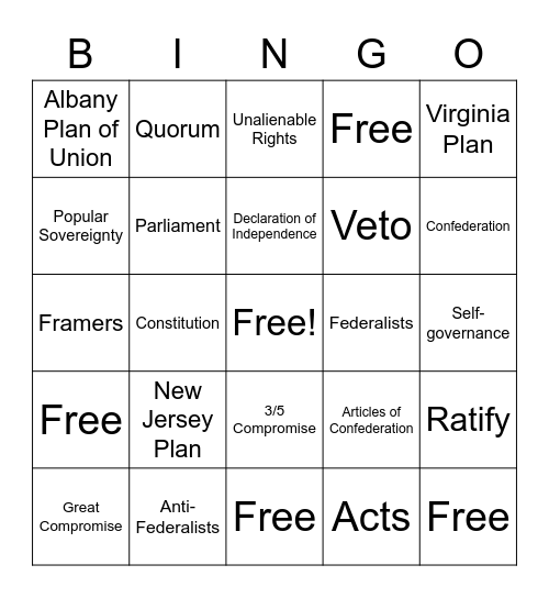 Constitution Vocabulary Bingo Card