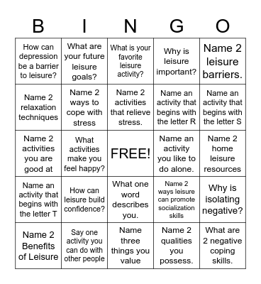 Leisure Bingo Card