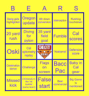 Cal vs TCU Bingo Card