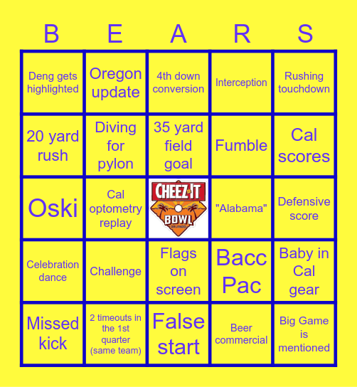 Cal vs TCU Bingo Card