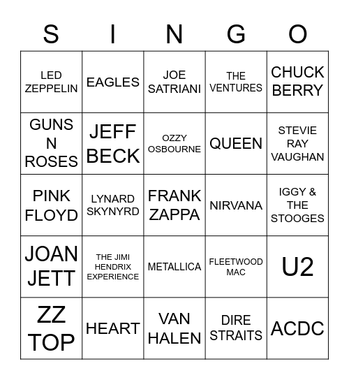 685 BEST GUITAR SONGS #1 Bingo Card