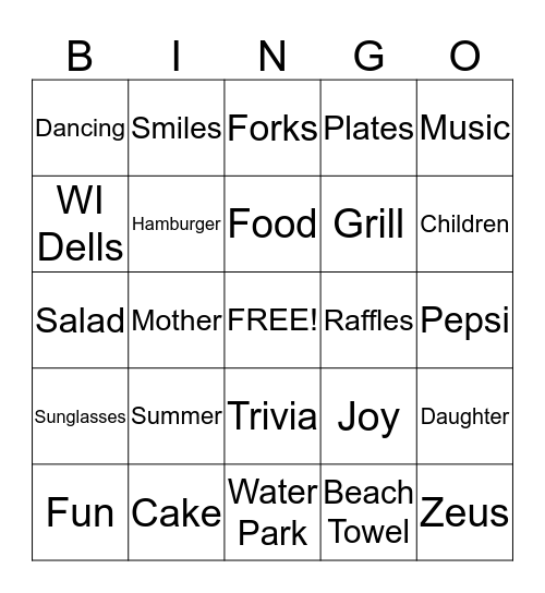 Reunion Bingo Card