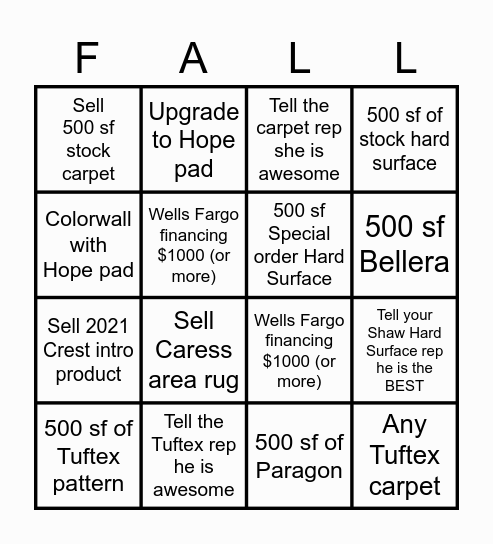 Crest Fall Sale Bingo Card