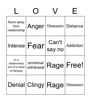 Love Addiction vs. Love avoidant Bingo Card