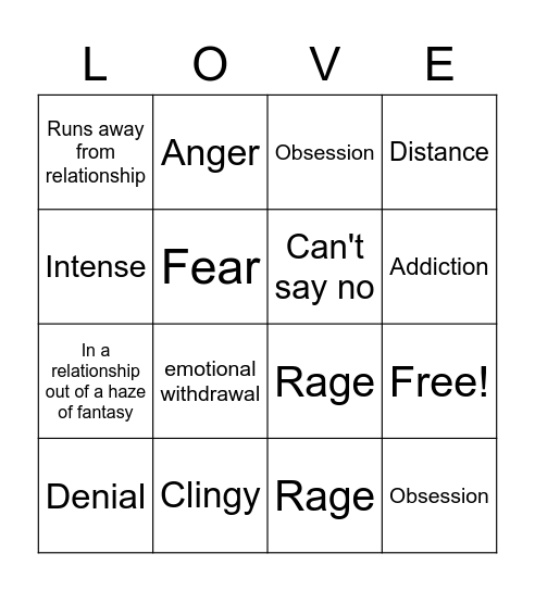 Love Addiction vs. Love avoidant Bingo Card