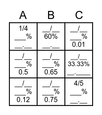 Fractions, Percentage and Decimals Bingo Card