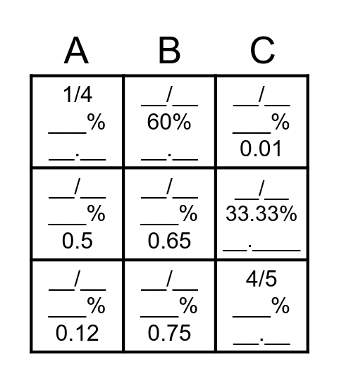 Fractions, Percentage and Decimals Bingo Card