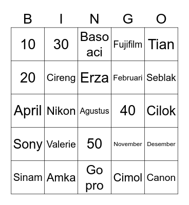 valerie’s Bingo Card