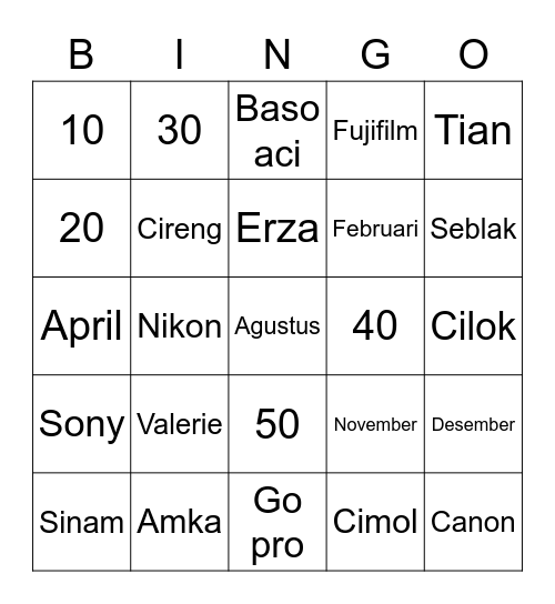 valerie’s Bingo Card