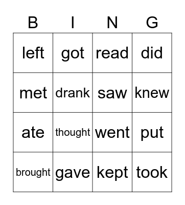 Irregular verbs Bingo Card