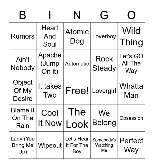 80s Hits Bingo Card