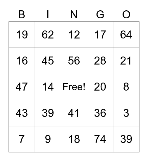 number bingo Card