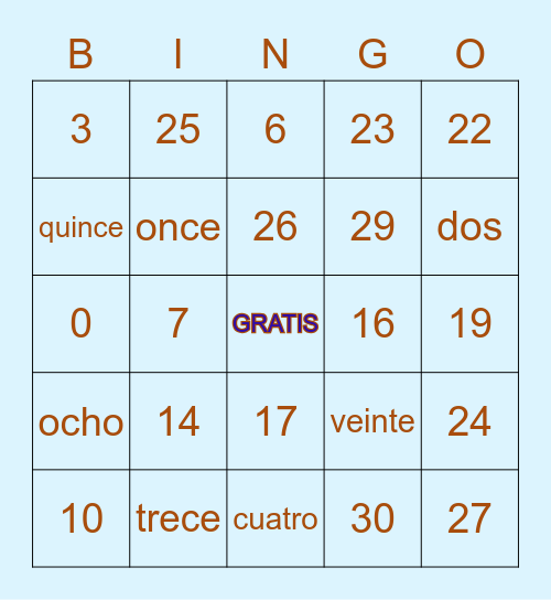 Los Números 0-30 Bingo Card