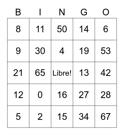 Numbers in French Bingo Card