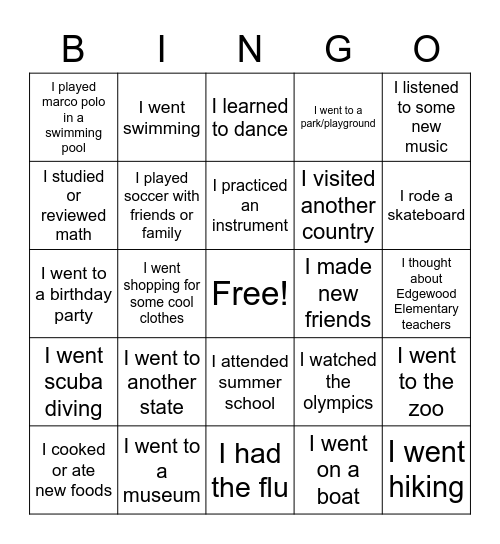 What Did You Do This Summer? Bingo Card