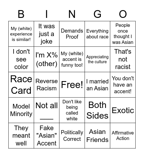 Asian Racism Bingo Card