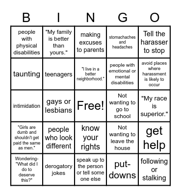 Harassment Prevention Bingo Card