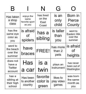 Getting To Know You Bingo Card