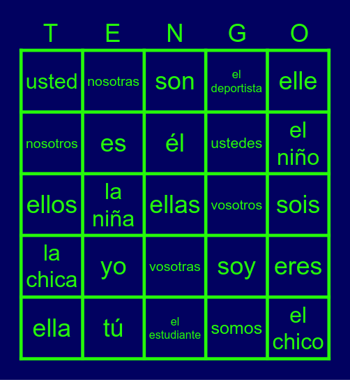 Spanish 1 U1: Pronouns and Ser Bingo Card