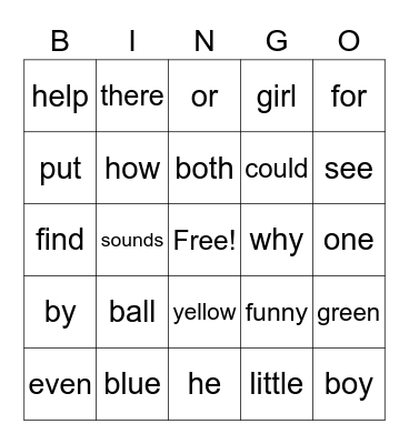 Sight Words Bingo Card