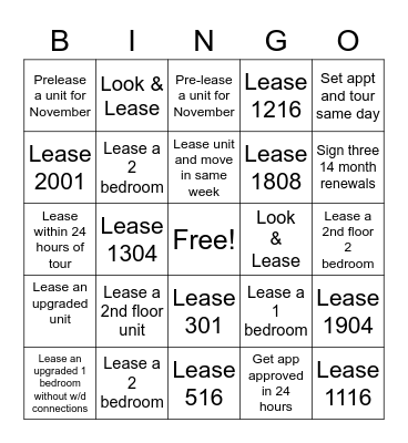 Leasing Bingo Card