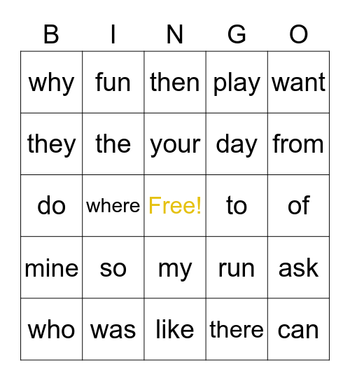 Sight Word Bingo Card