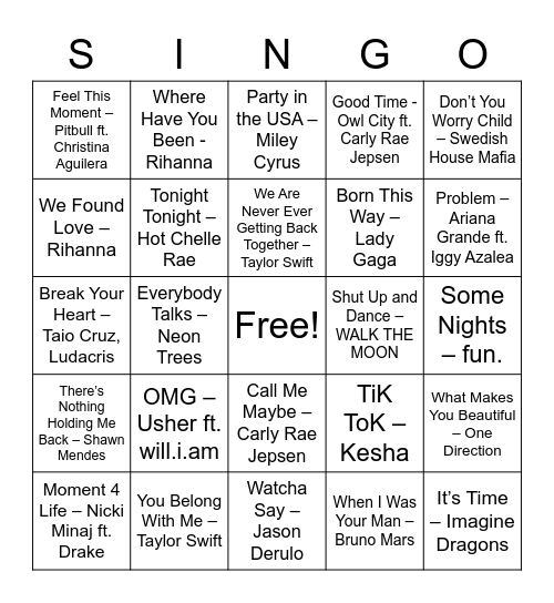 SINGO: 2010's Jams Bingo Card