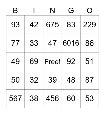 Numeros grandes en espanol Bingo Card