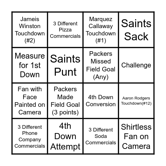 Go Pack Go! Bingo Card