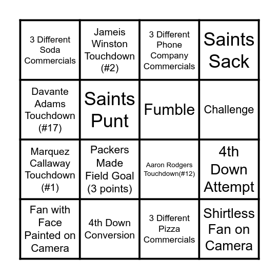 Go Pack Go! Bingo Card