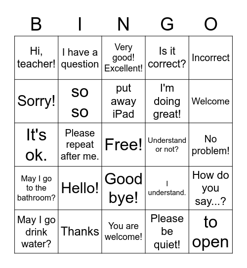 课堂用语 Bingo Card