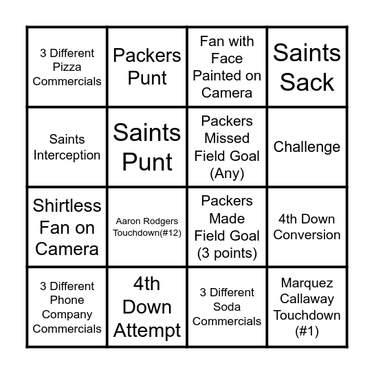 Go Pack Go! Bingo Card