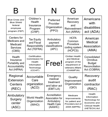 Medical Organizations and laws BINGO Card