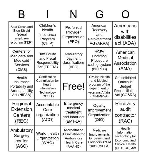 Medical Organizations and laws BINGO Card