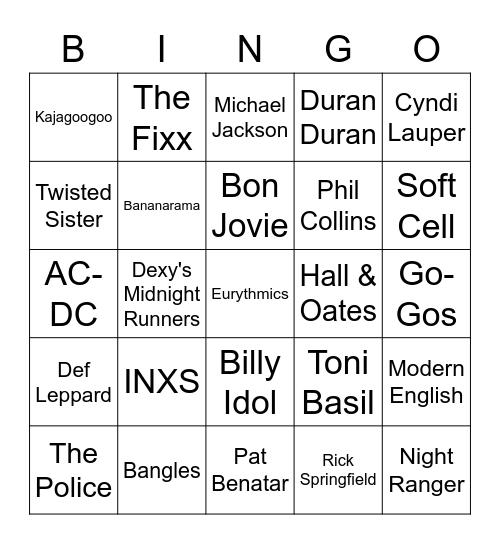 Hits of the 80s Bingo Card