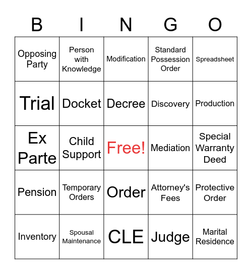 Divorce Bingo Card