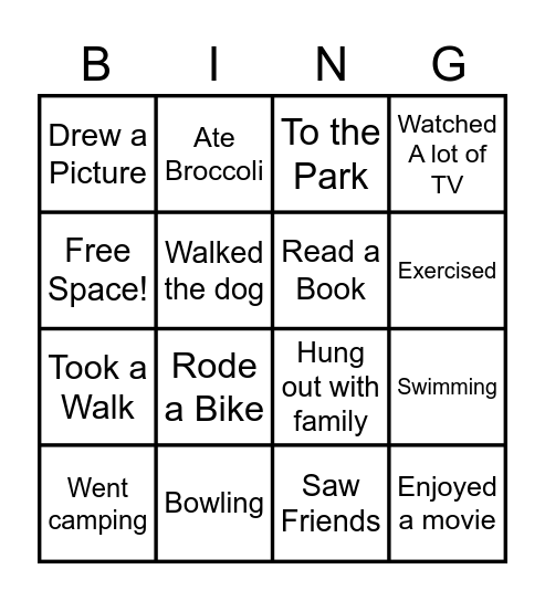 Summer Vacation Bingo Card