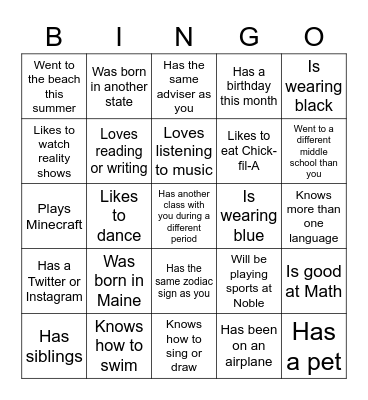 Meeting New People Bingo Card